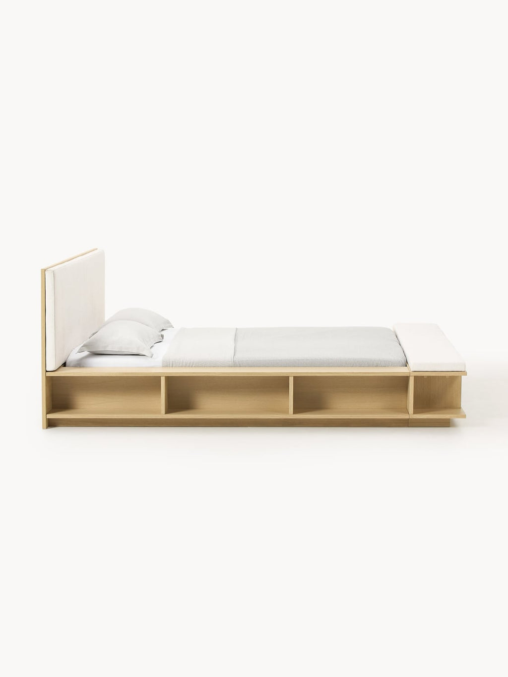 Clark Wood-Bed Frame with Bench and Side Shelves — Oatmeal