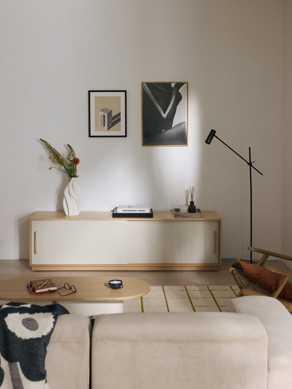 Wisp Wood-TV-Lowboard with Upholstered Front — Oatmeal