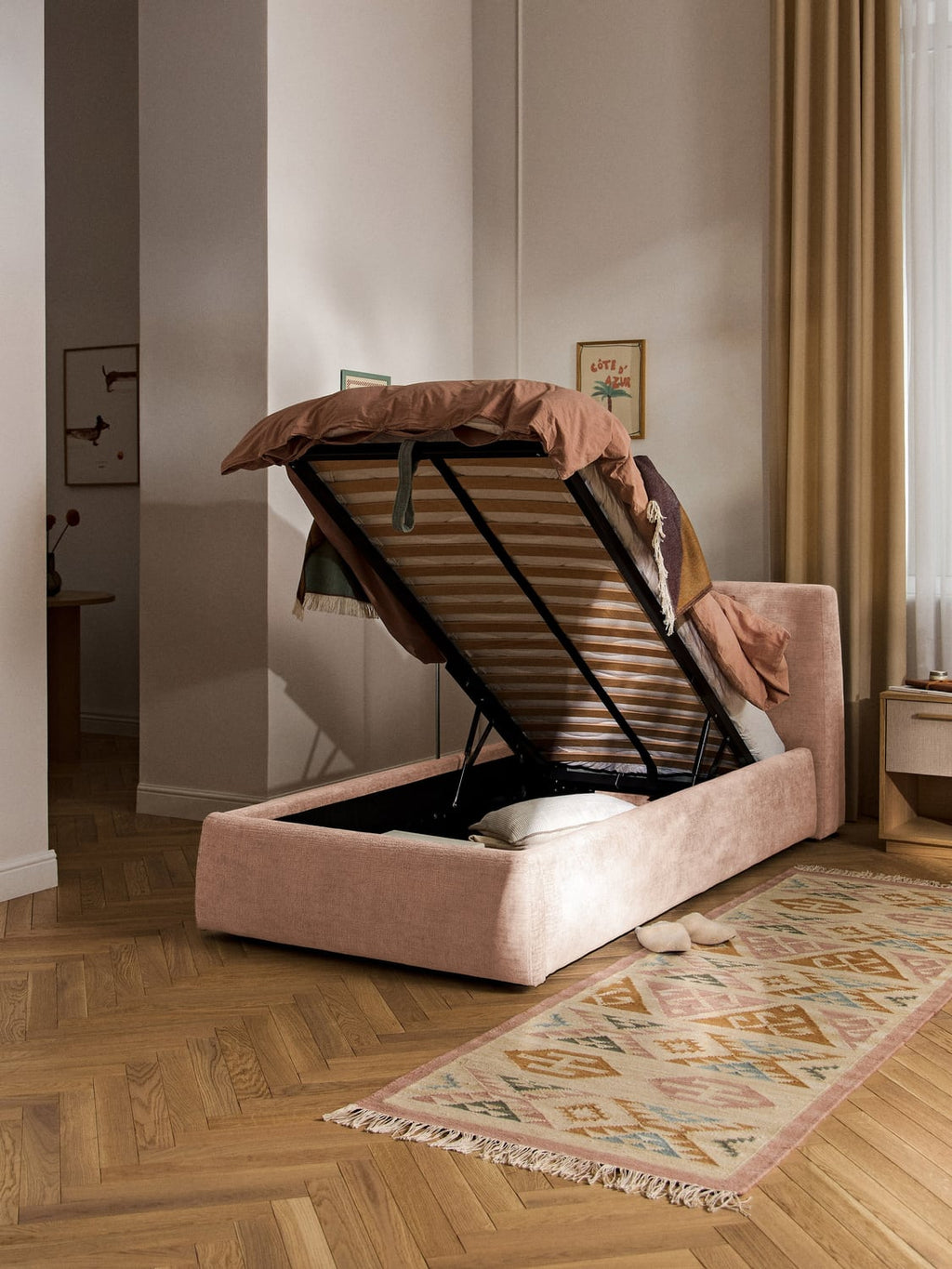 Cloud Upholstered Single Bed with Storage — Blush