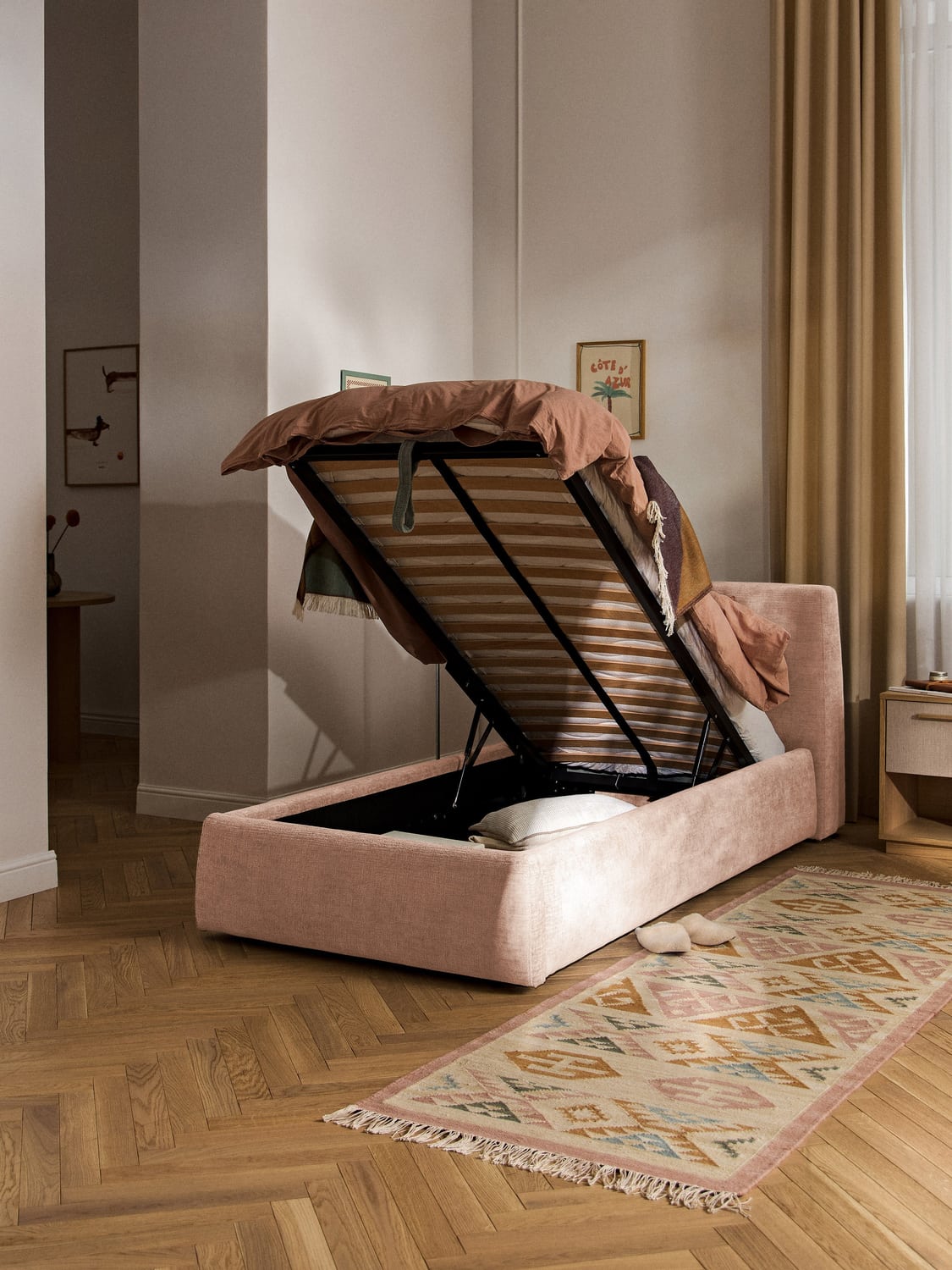 Cloud Upholstered Single Bed with Storage — Blush