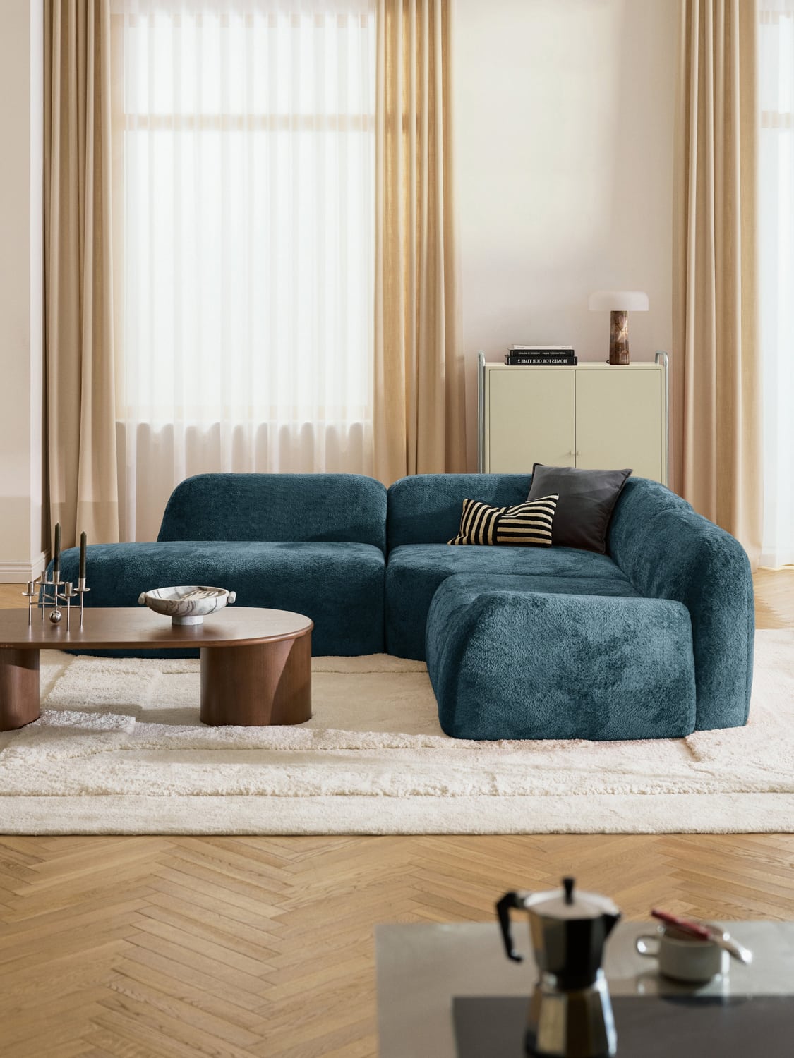 Wolke Modular Teddy Bouclé Corner Sofa (4-seater) with Chaise Longue — Petrol Blue