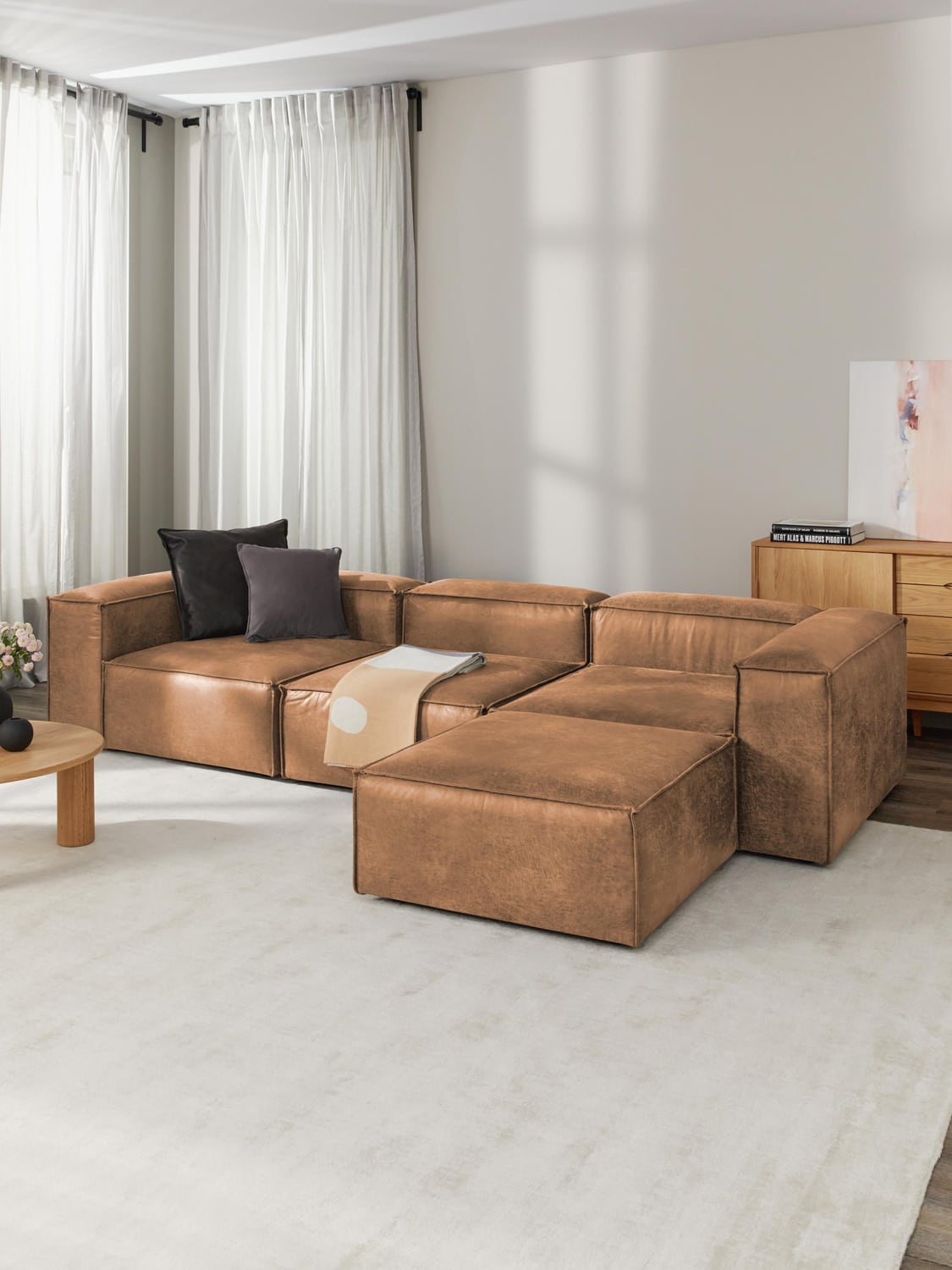 Lennon Sofa Ottoman in Leather — Terracotta