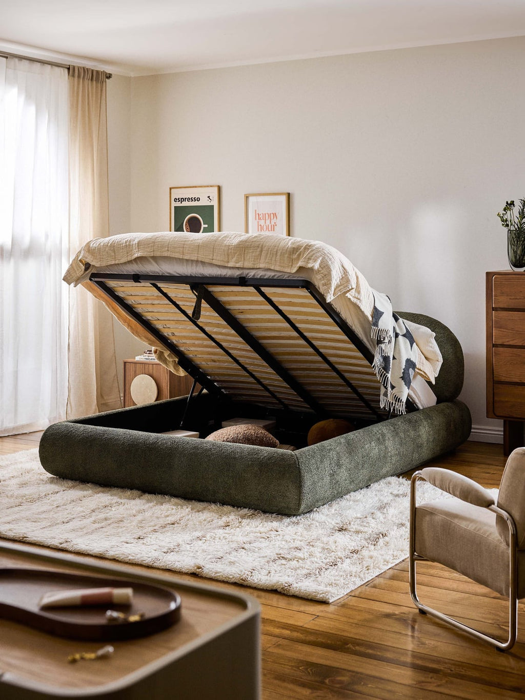Alba Upholstered Bed in Teddy Bouclé with Storage — Taupe