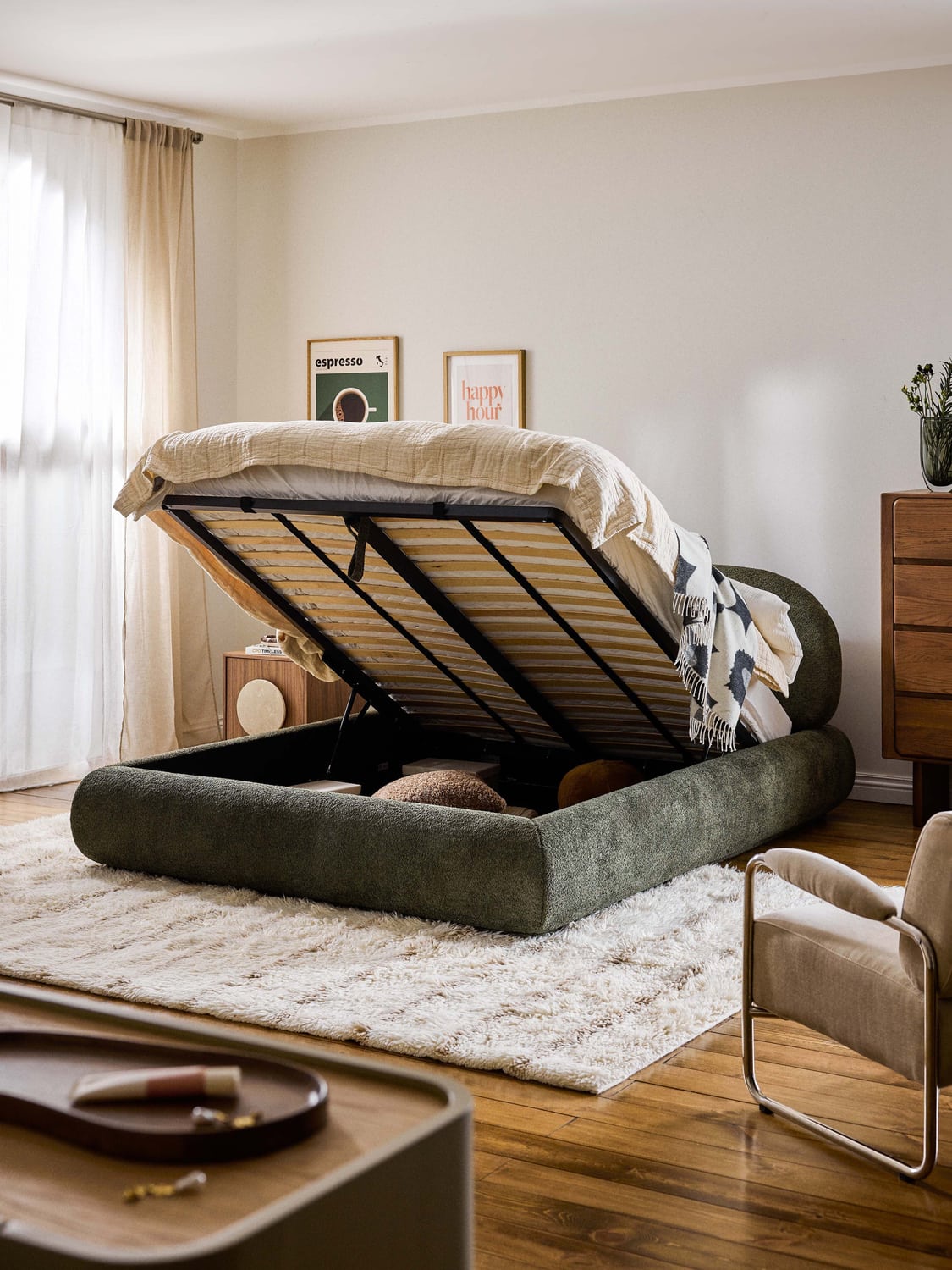 Alba Upholstered Bed in Teddy Bouclé with Storage — Taupe