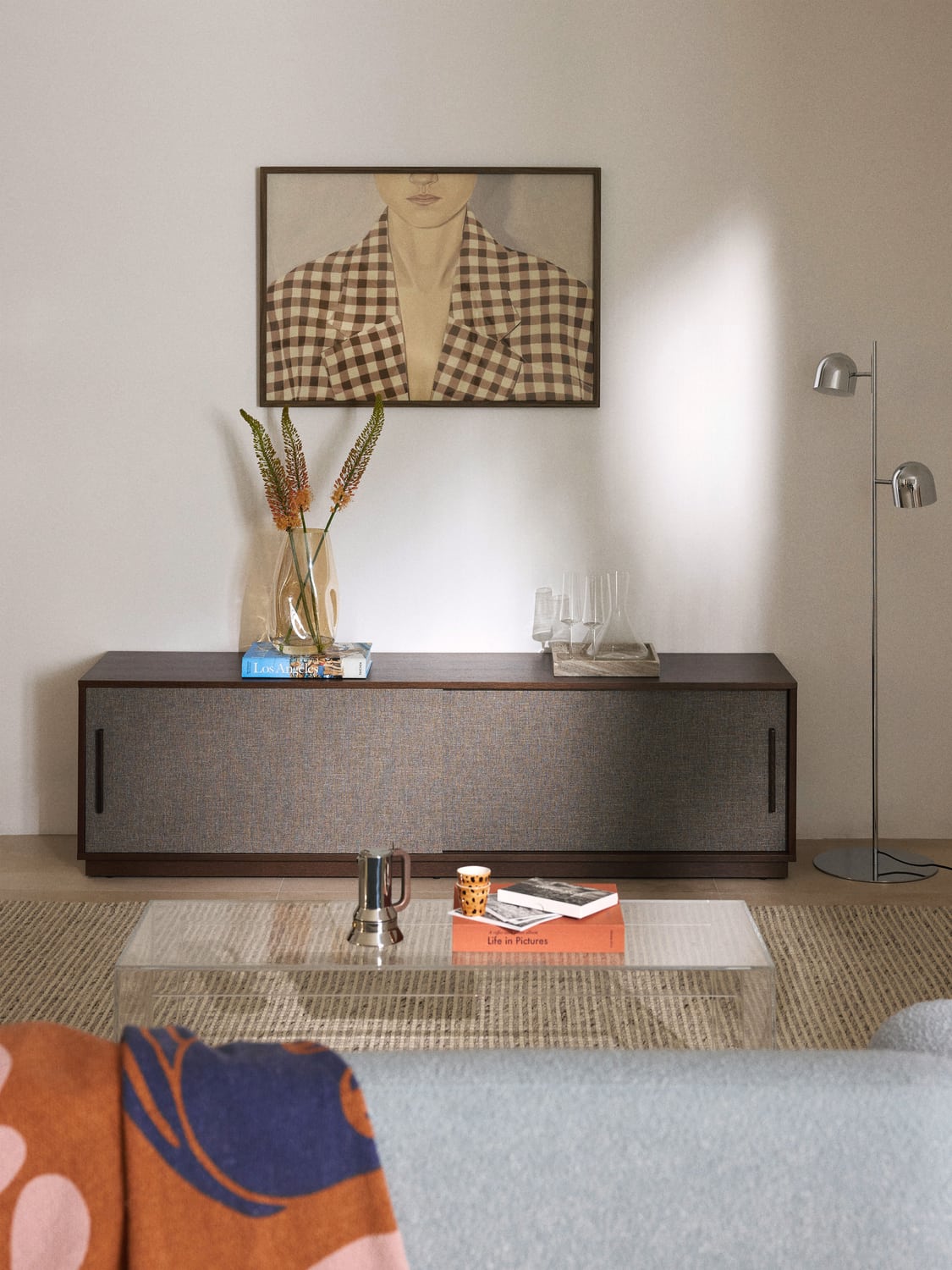 Wisp Wood-TV-Lowboard with Upholstered Front — Dark Grey