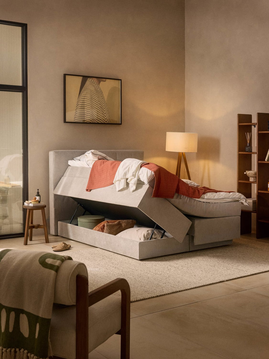 Oberon Box-Spring Bed with Storage — Oatmeal