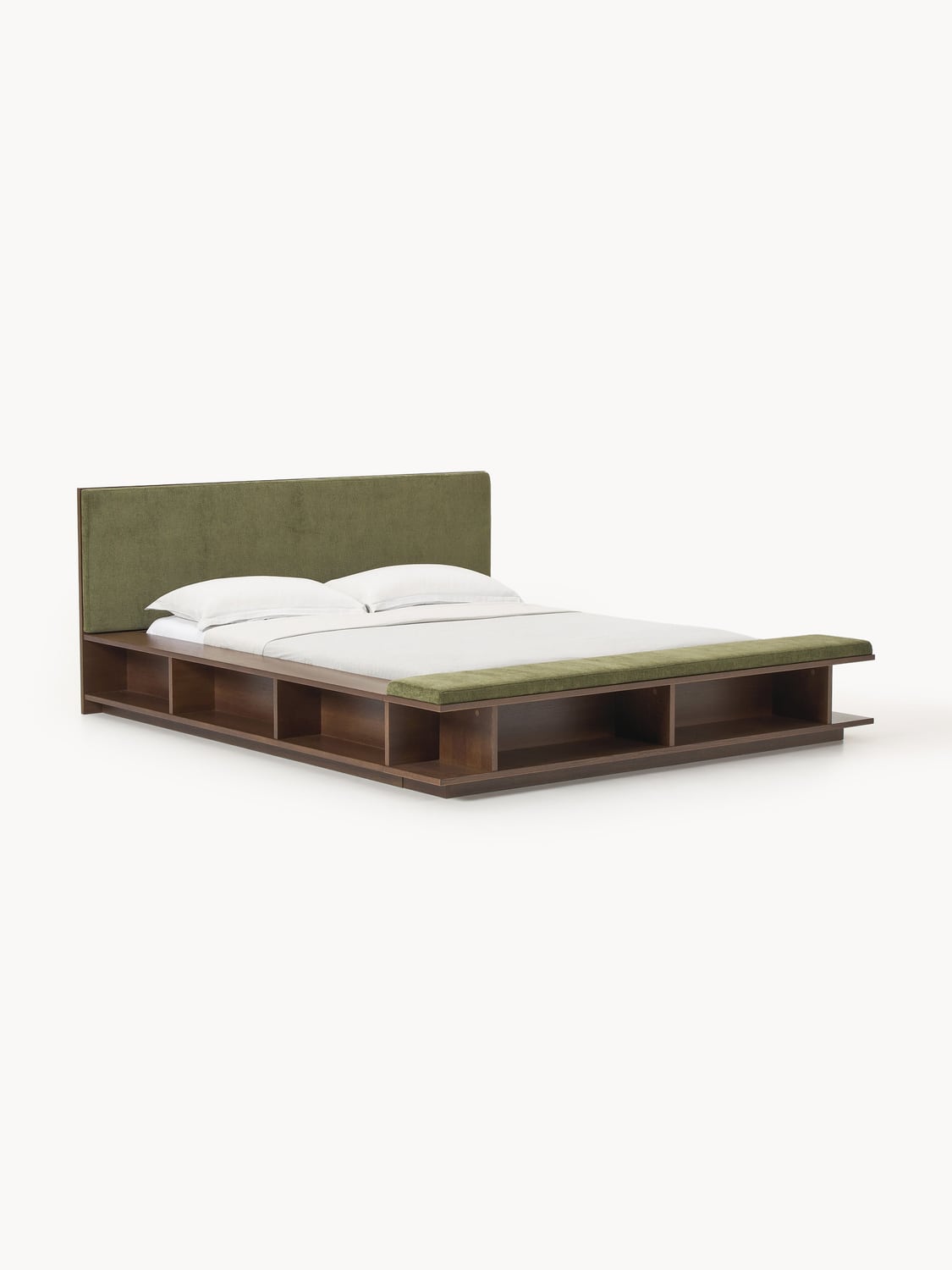 Clark Wood-Bed Frame with Bench and Side Shelves — Taupe