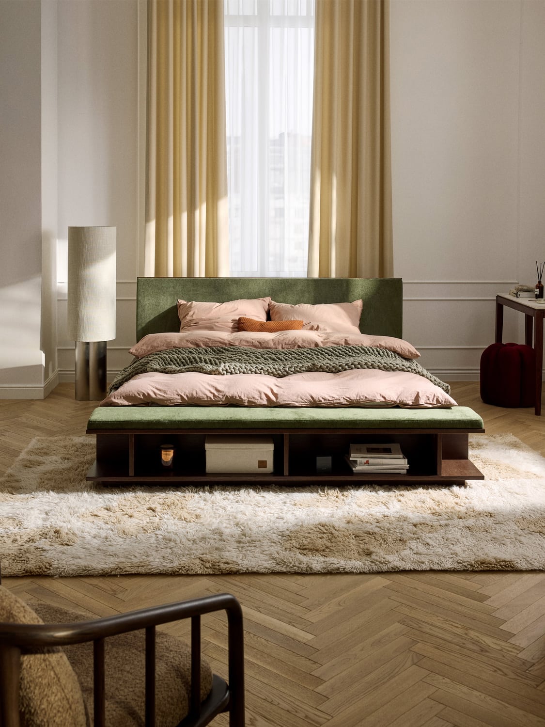 Clark Wood-Bed Frame with Bench and Side Shelves — Taupe