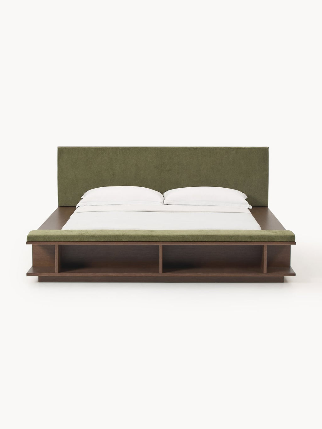 Clark Wood-Bed Frame with Bench and Side Shelves — Taupe