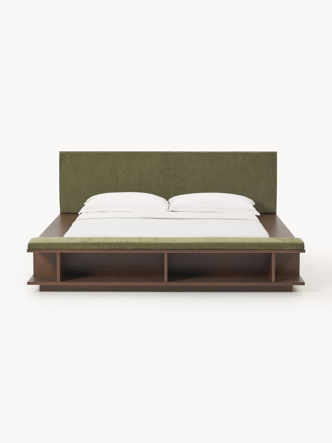 Clark Wood-Bed Frame with Bench and Side Shelves — Taupe