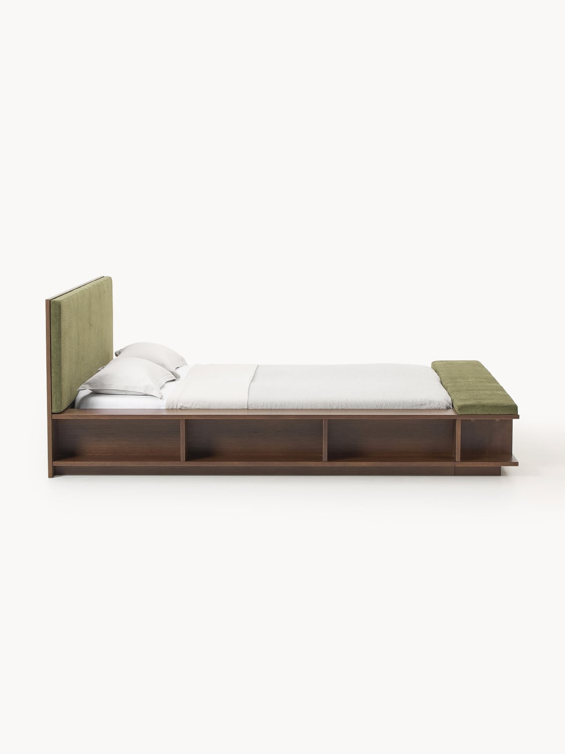 Clark Wood-Bed Frame with Bench and Side Shelves — Taupe