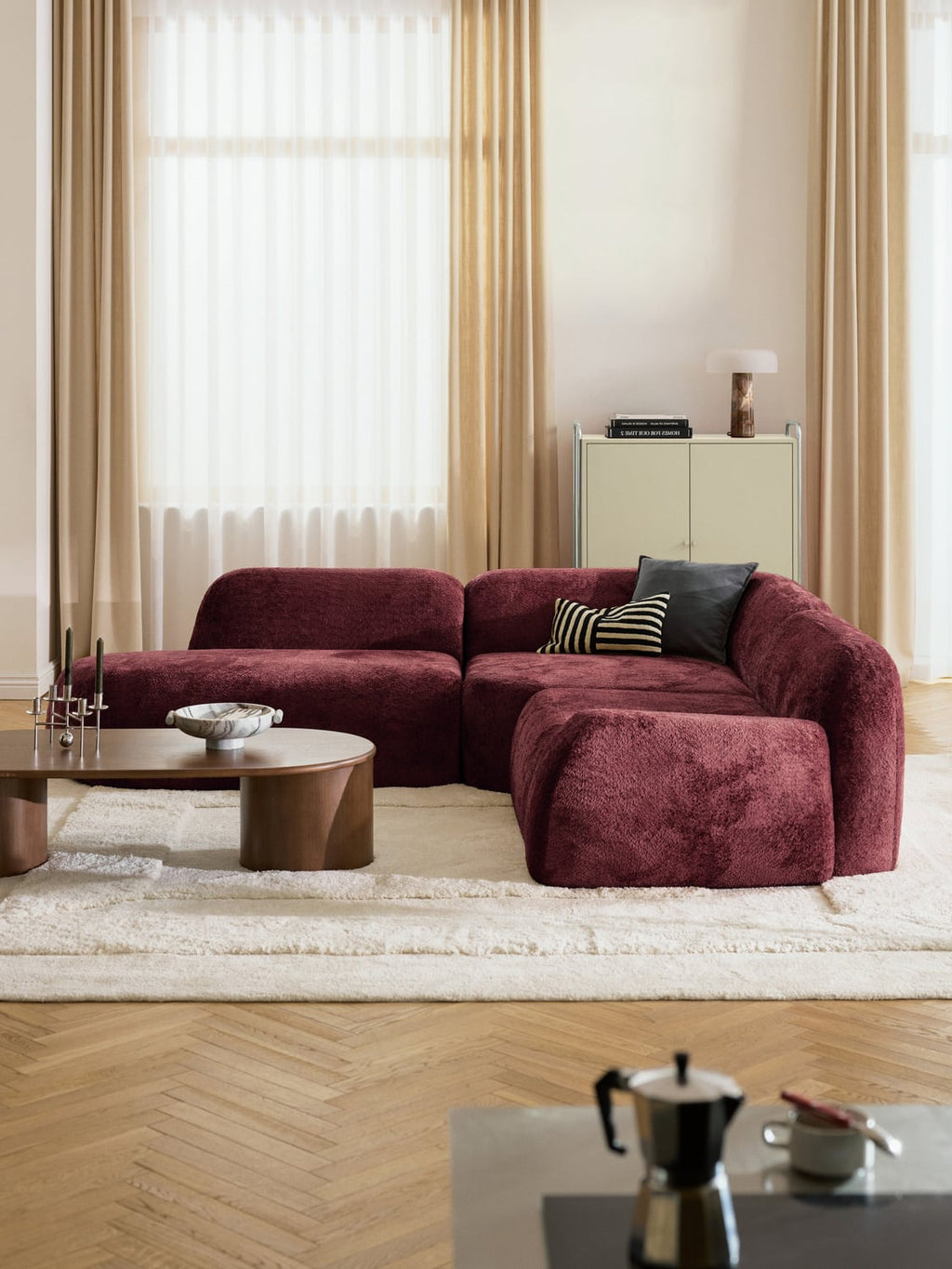Wolke Modular Teddy Bouclé Corner Sofa (4-seater) with Chaise Longue — Brown