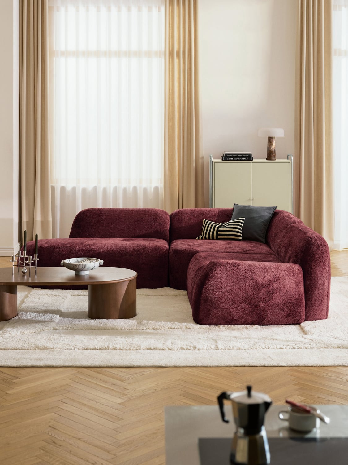 Wolke Modular Teddy Bouclé Corner Sofa (4-seater) with Chaise Longue — Brown