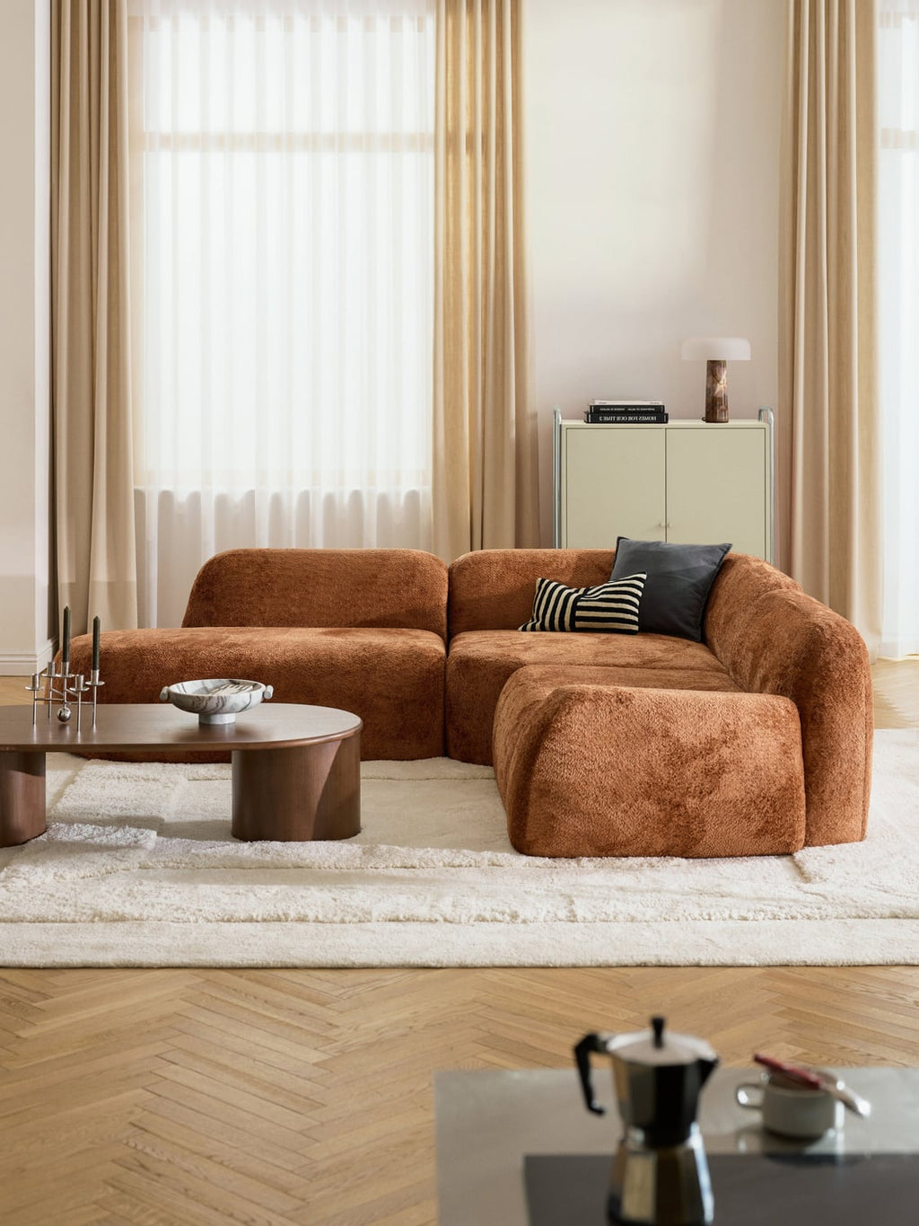 Wolke Modular Teddy Bouclé Corner Sofa (4-seater) with Chaise Longue — Camel