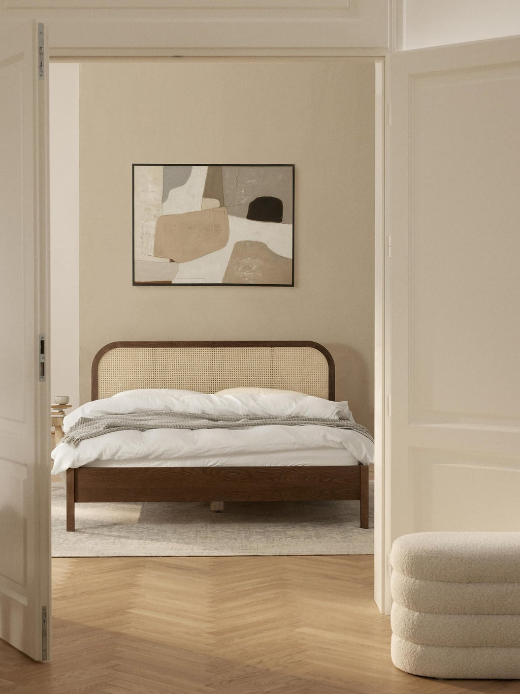 Jones Wooden Bed with Headboard in Viennese Cane — Sage
