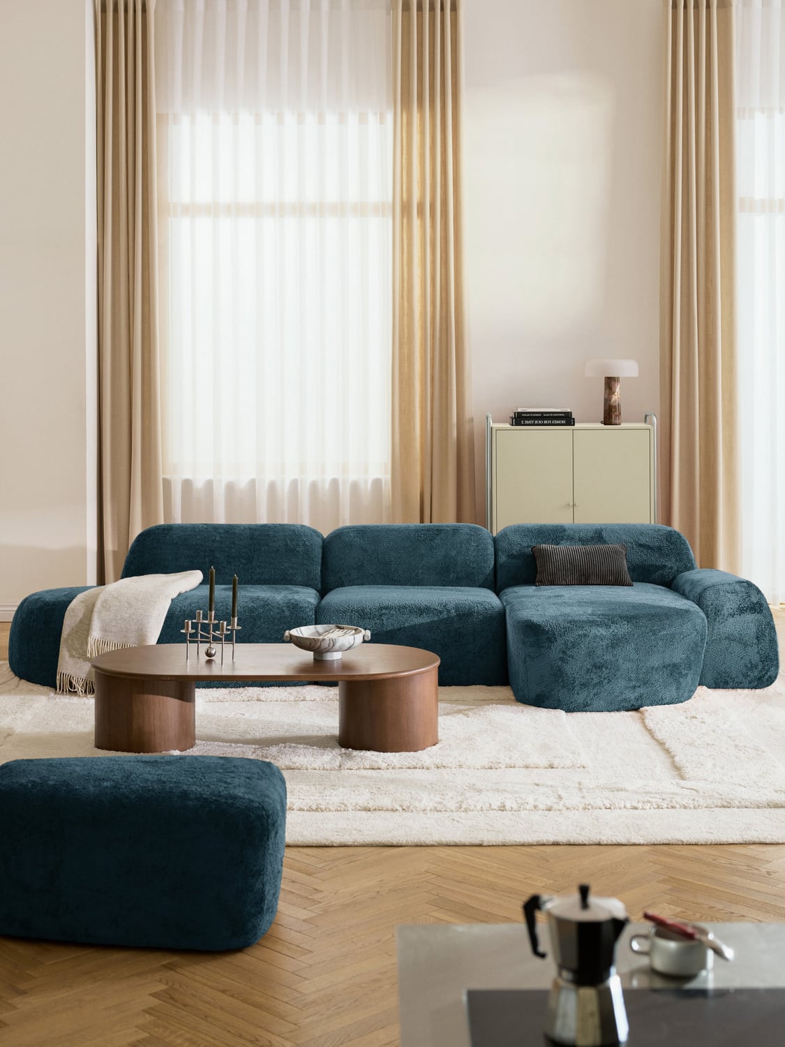 Wolke Modular Teddy Bouclé Corner Sofa (4-seater) with Chaise Longue — Teal