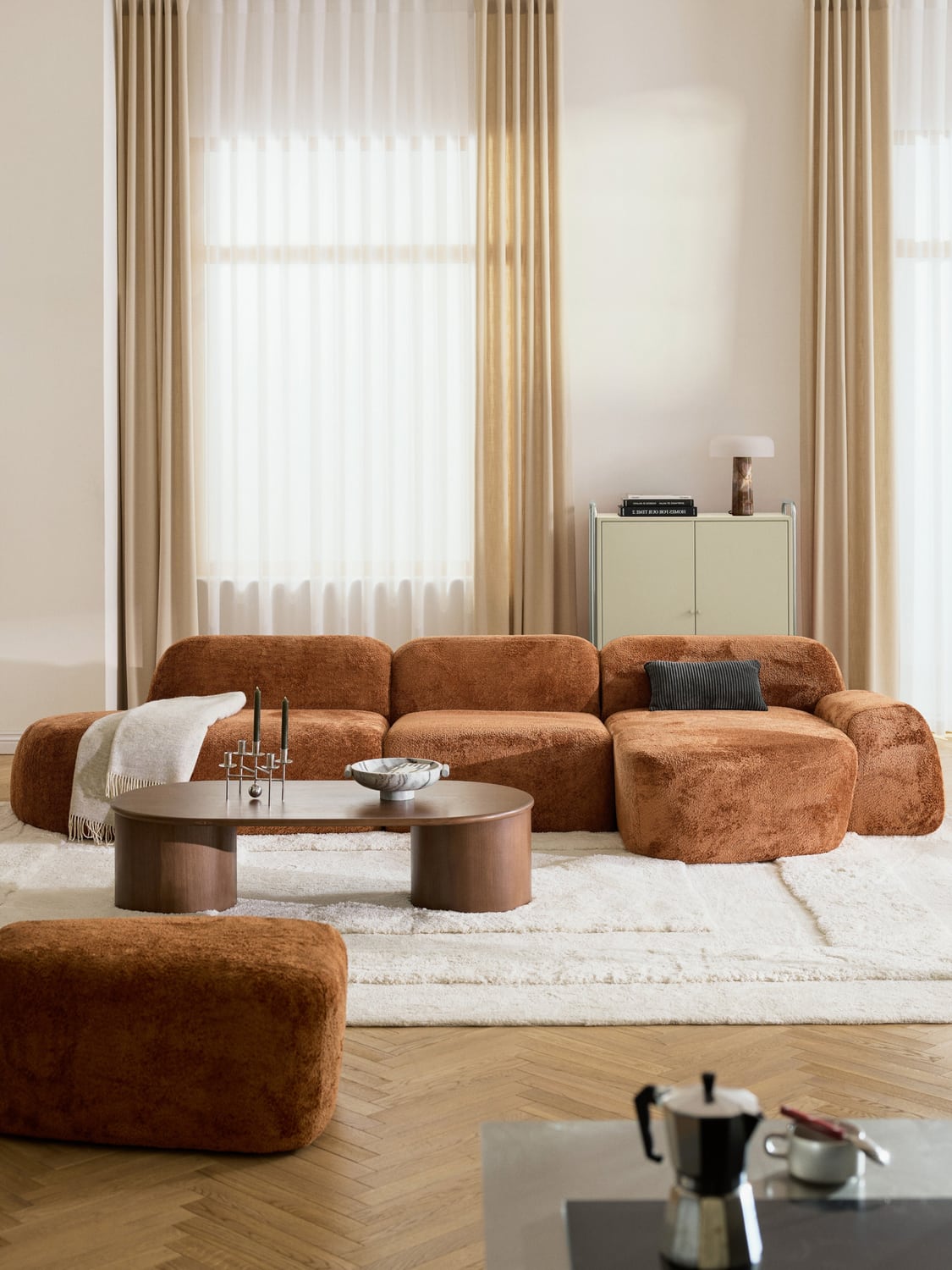 Wolke Modular Teddy Bouclé Corner Sofa (4-seater) with Chaise Longue — Terracotta