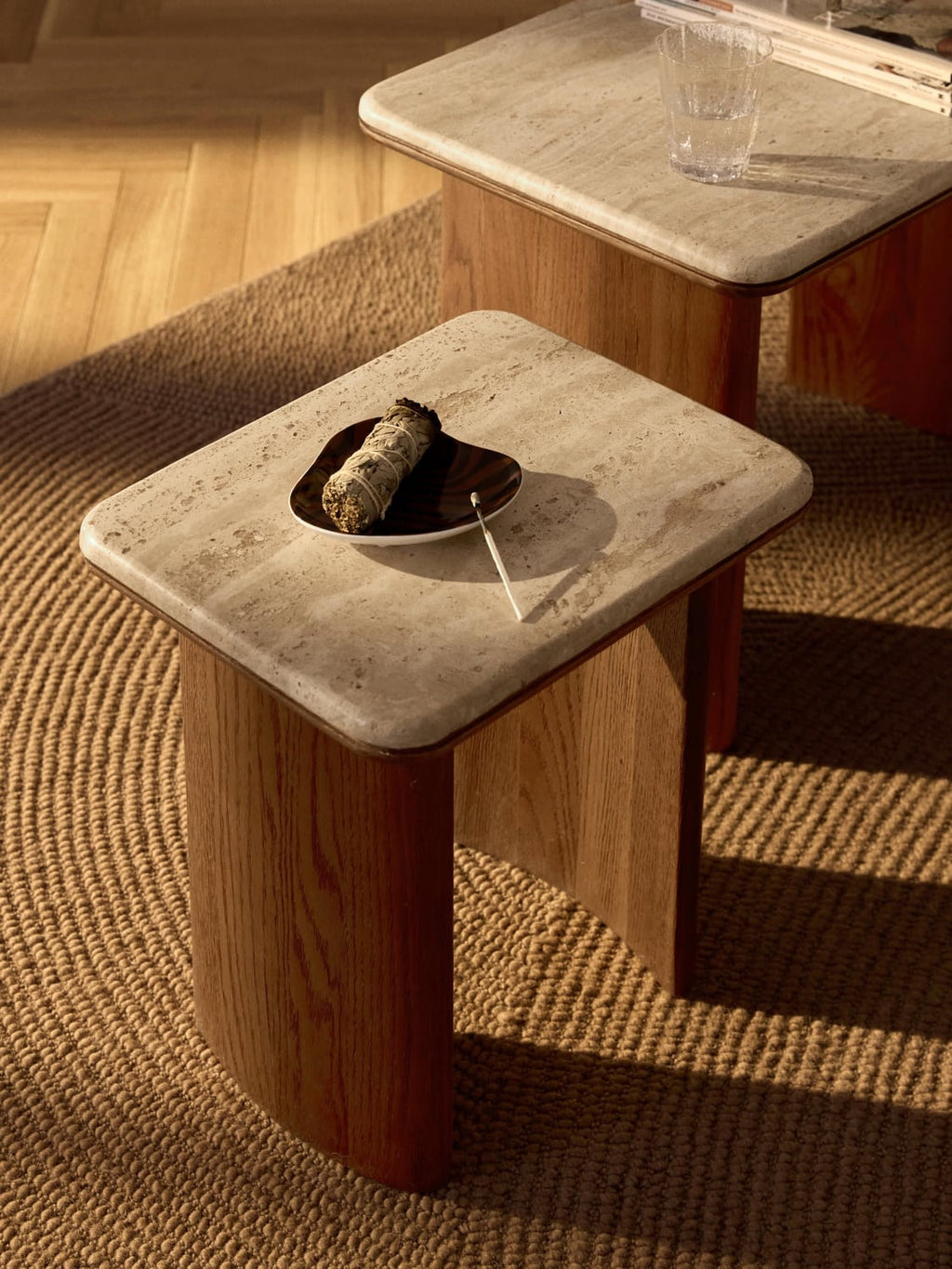 Chandler Side Tables in Oak with Travertine Top, set of 2