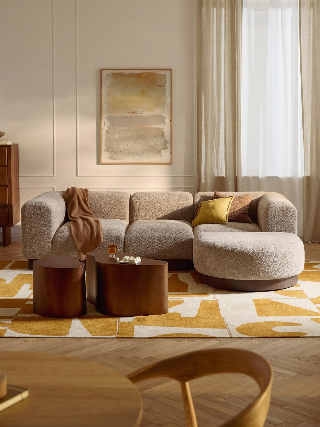 Natalie Modular Sofa (3-seater) in Teddy Bouclé with Ottoman (left/right) — Warm Grey