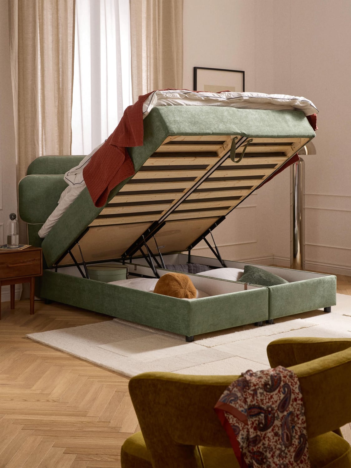 Enrica Box-Spring Bed with Storage — Taupe