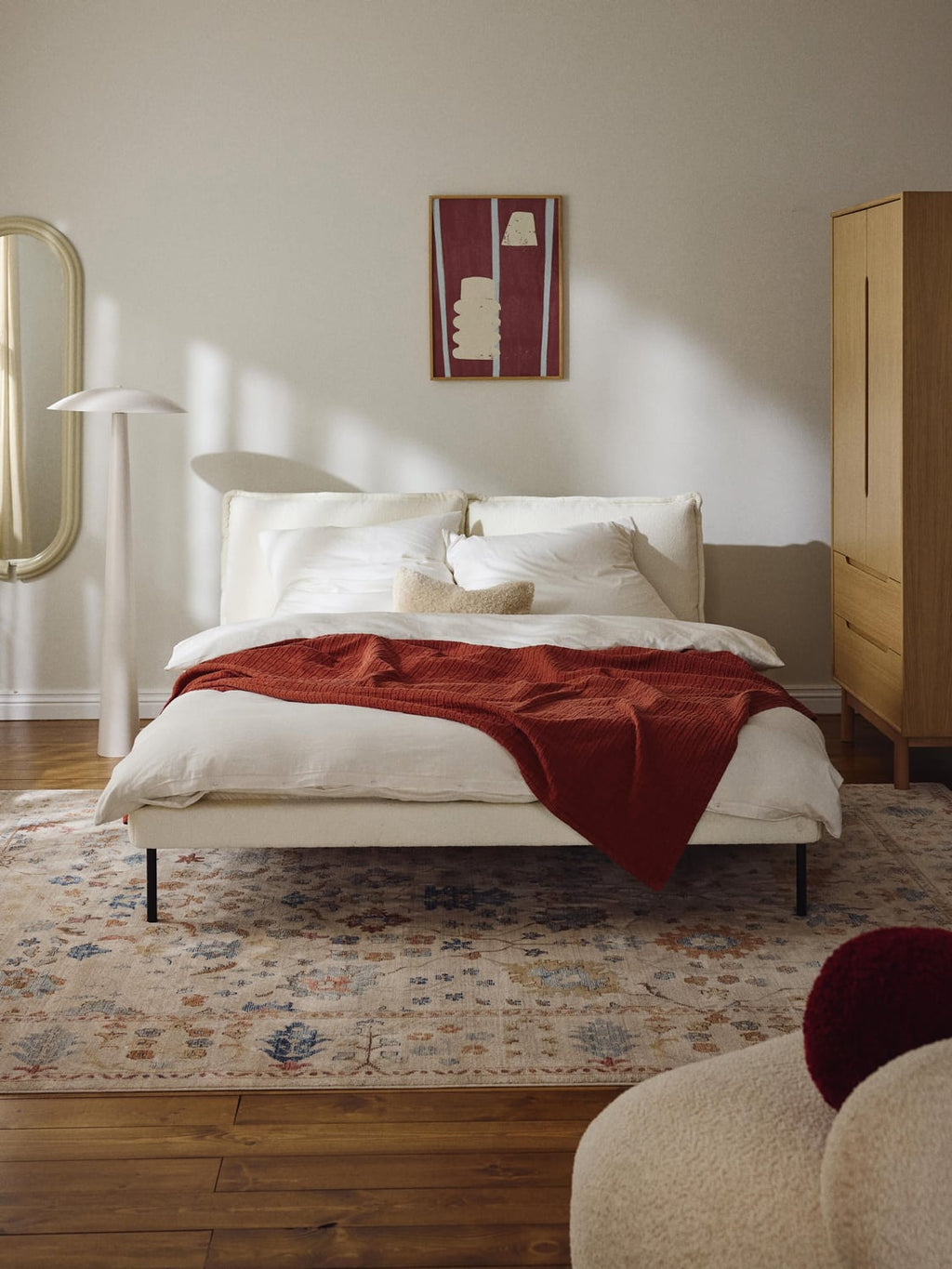 Amelia Upholstered Bed in Teddy Bouclé — Off-White