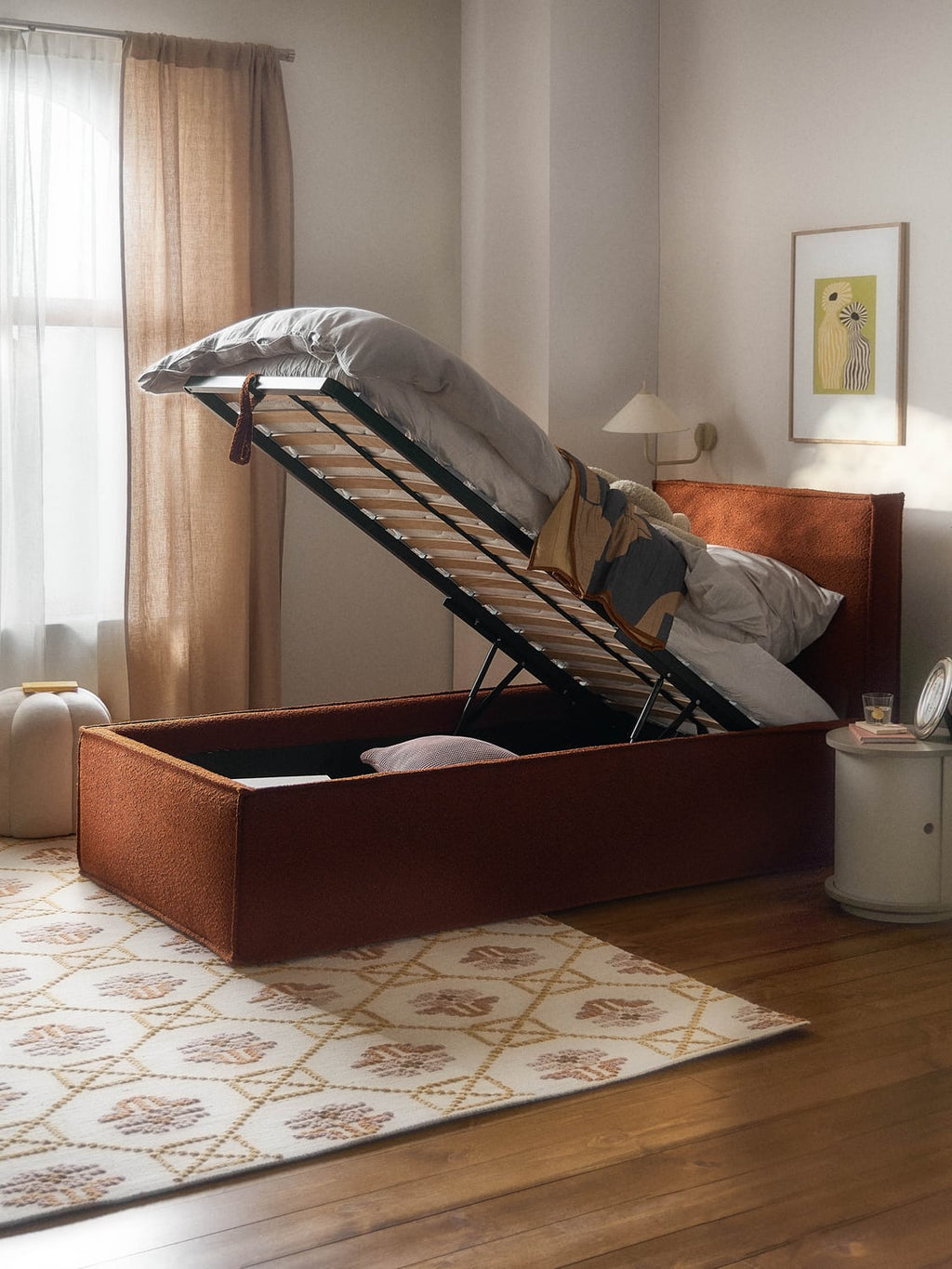 Dream Bouclé-Single Bed with Storage — Taupe