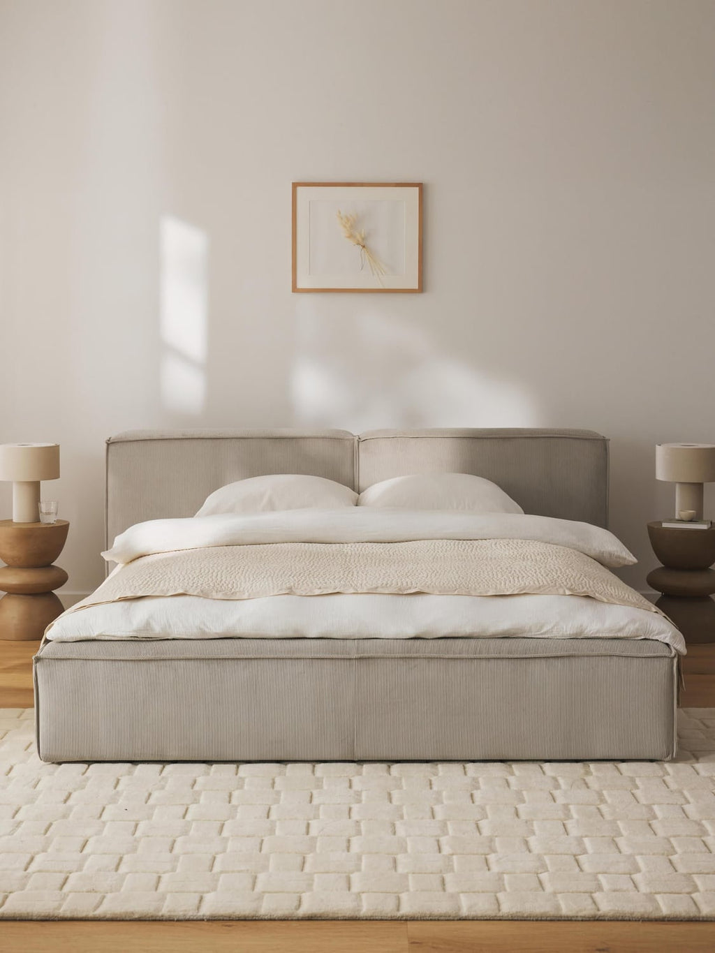 Lennon Upholstered Bed in Corduroy with Storage — Light Grey