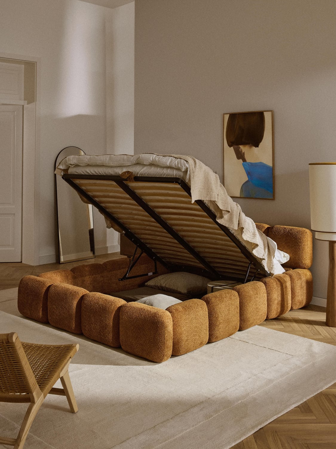 Tayla Upholstered Bed in Teddy Bouclé with Storage — Greige