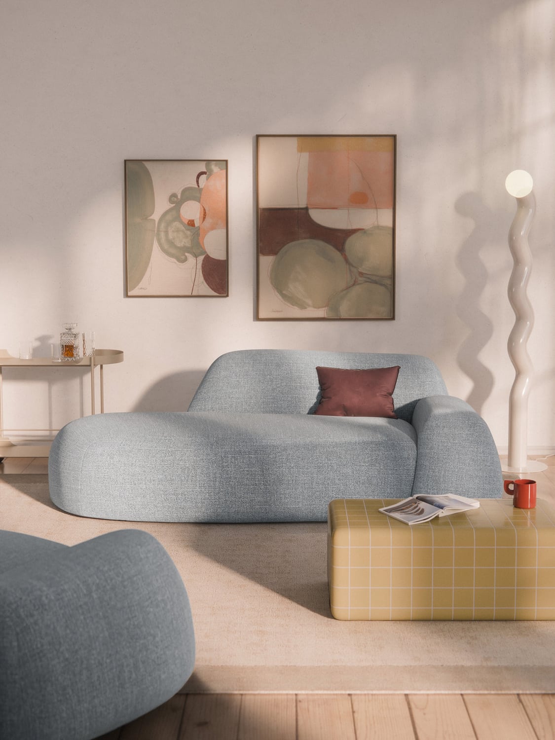 Wolke Bouclé Sofa (2-seater) with Chaise Longue — Light Grey