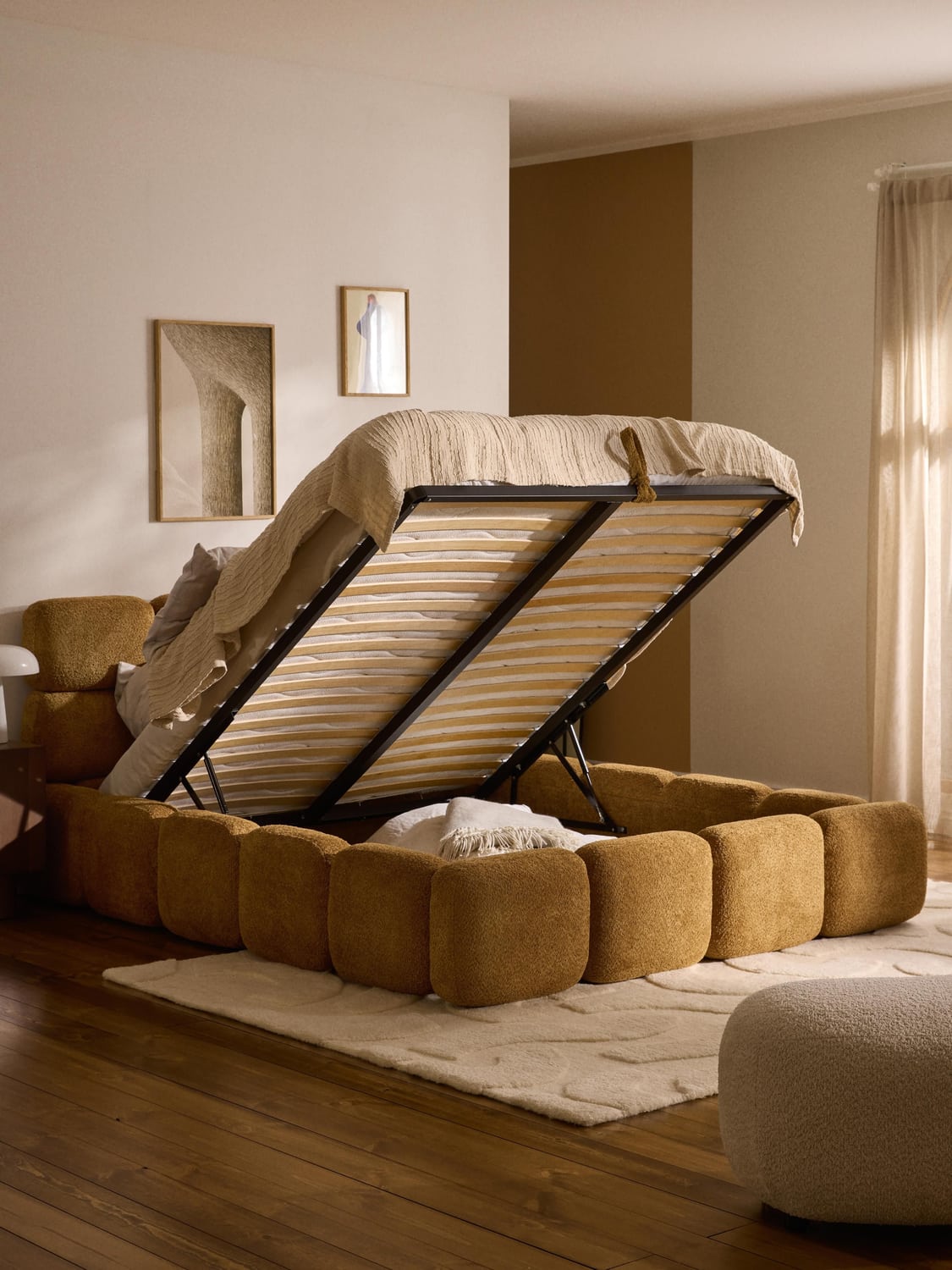 Tayla Upholstered Bed in Teddy Bouclé with Storage — Camel