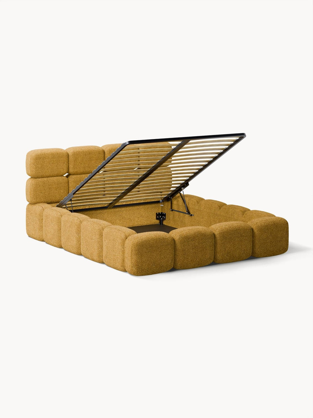 Tayla Upholstered Bed in Teddy Bouclé with Storage — Camel