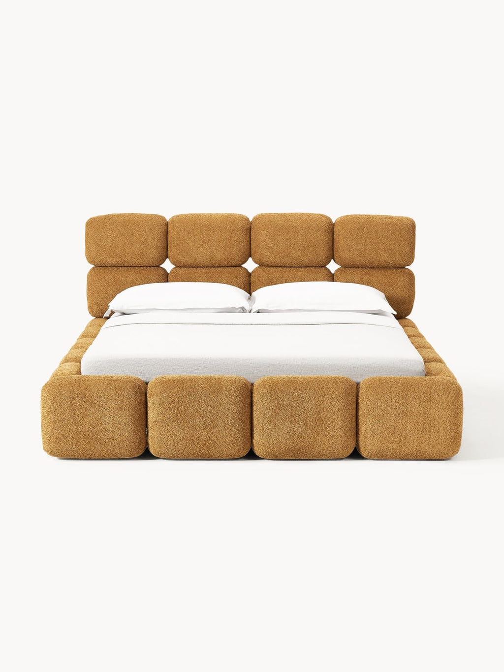 Tayla Upholstered Bed in Teddy Bouclé with Storage — Camel