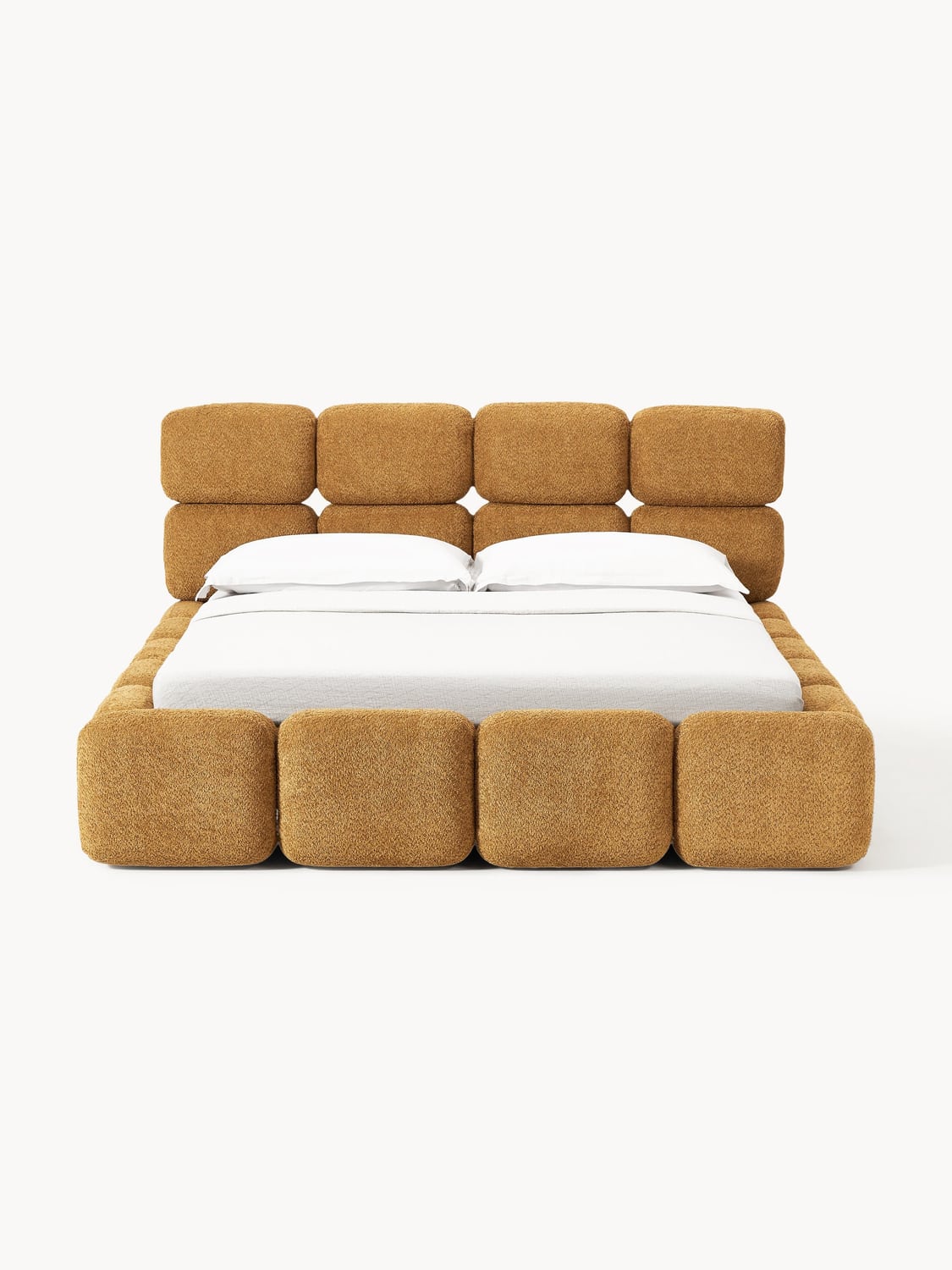 Tayla Upholstered Bed in Teddy Bouclé with Storage — Camel