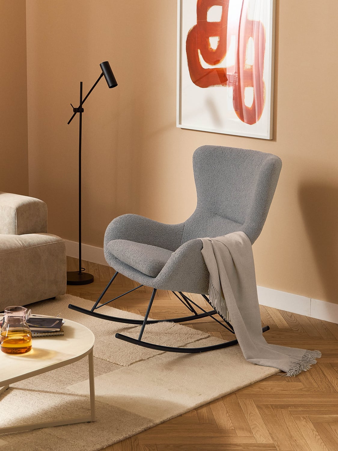 Wing Teddy Rocking Chair with Metal Legs — Grey