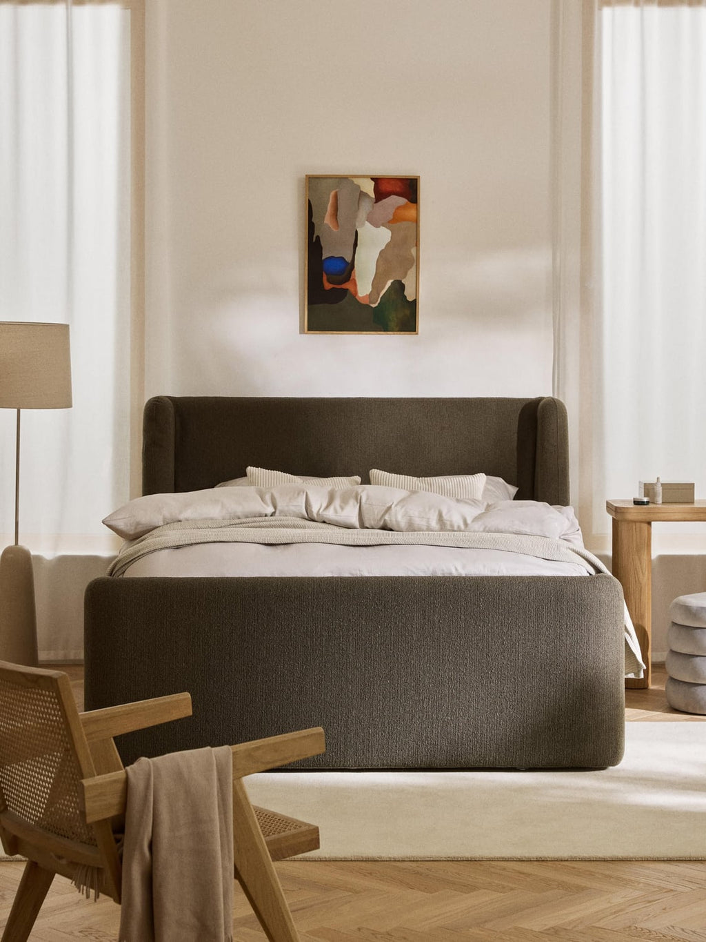 Perla Bouclé-Box-Spring Bed with Storage — Dark Grey