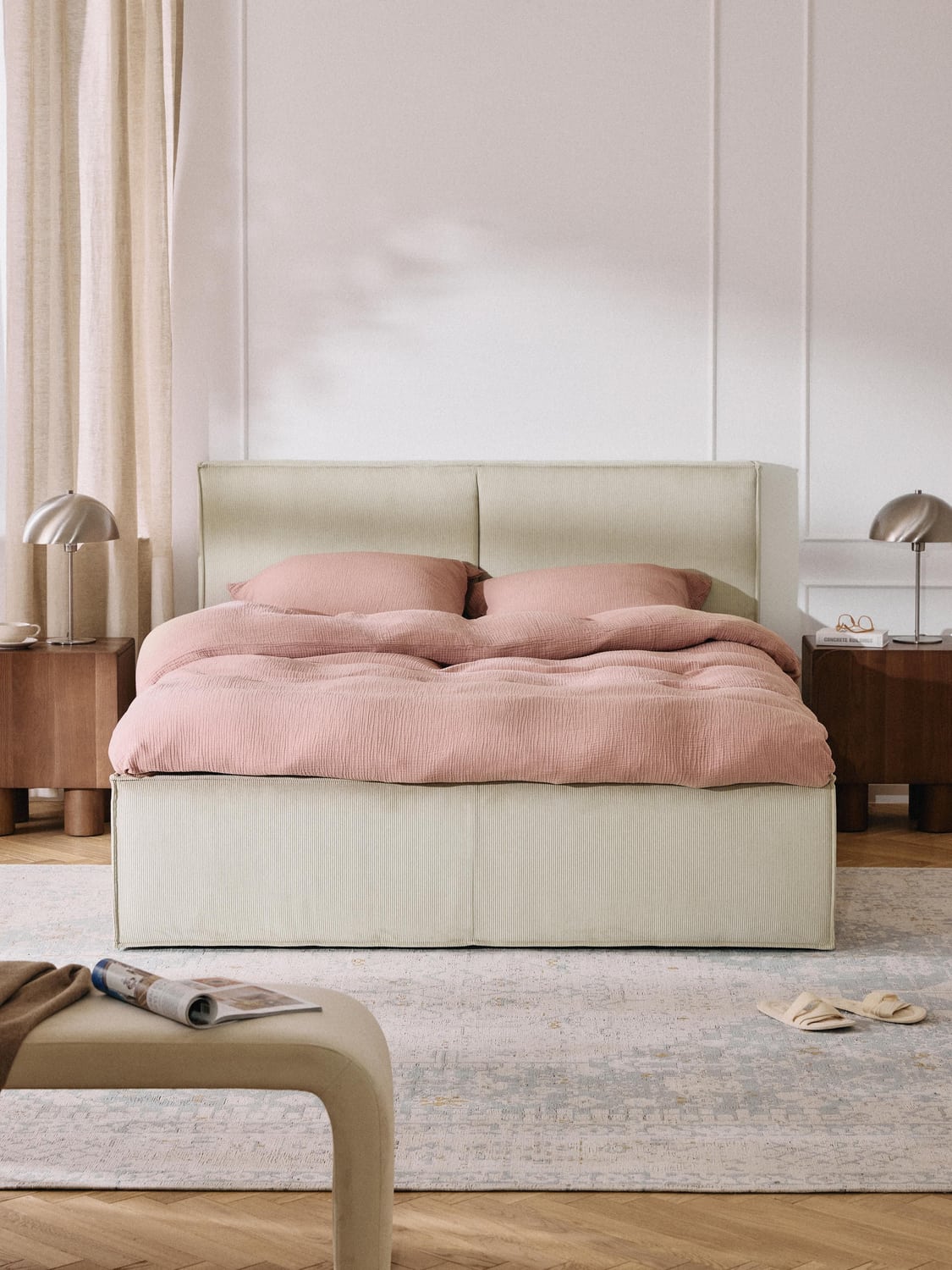Dream Corduroy-Upholstered Bed with Storage — Light Grey
