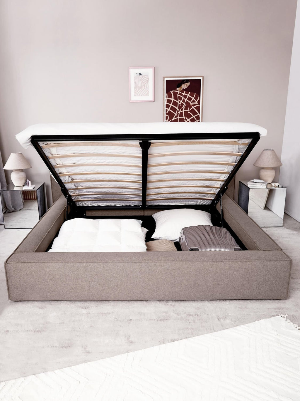 Lennon Upholstered Bed with Storage — Oatmeal