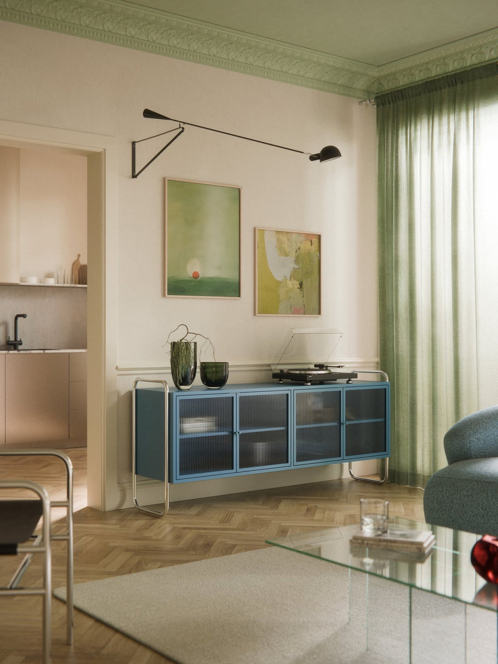 Robyn Metal-Sideboard with Glass-Front — Teal