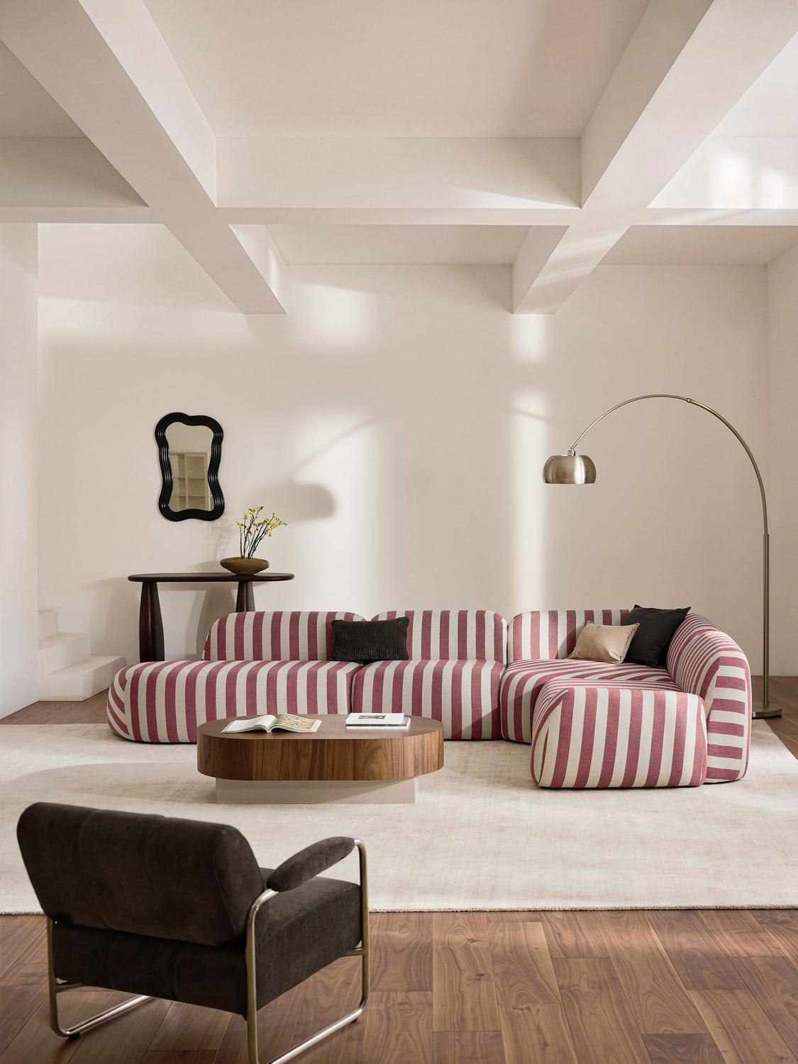 Wolke Modular Striped XL Corner Sofa with Chaise Longue — Warm Grey