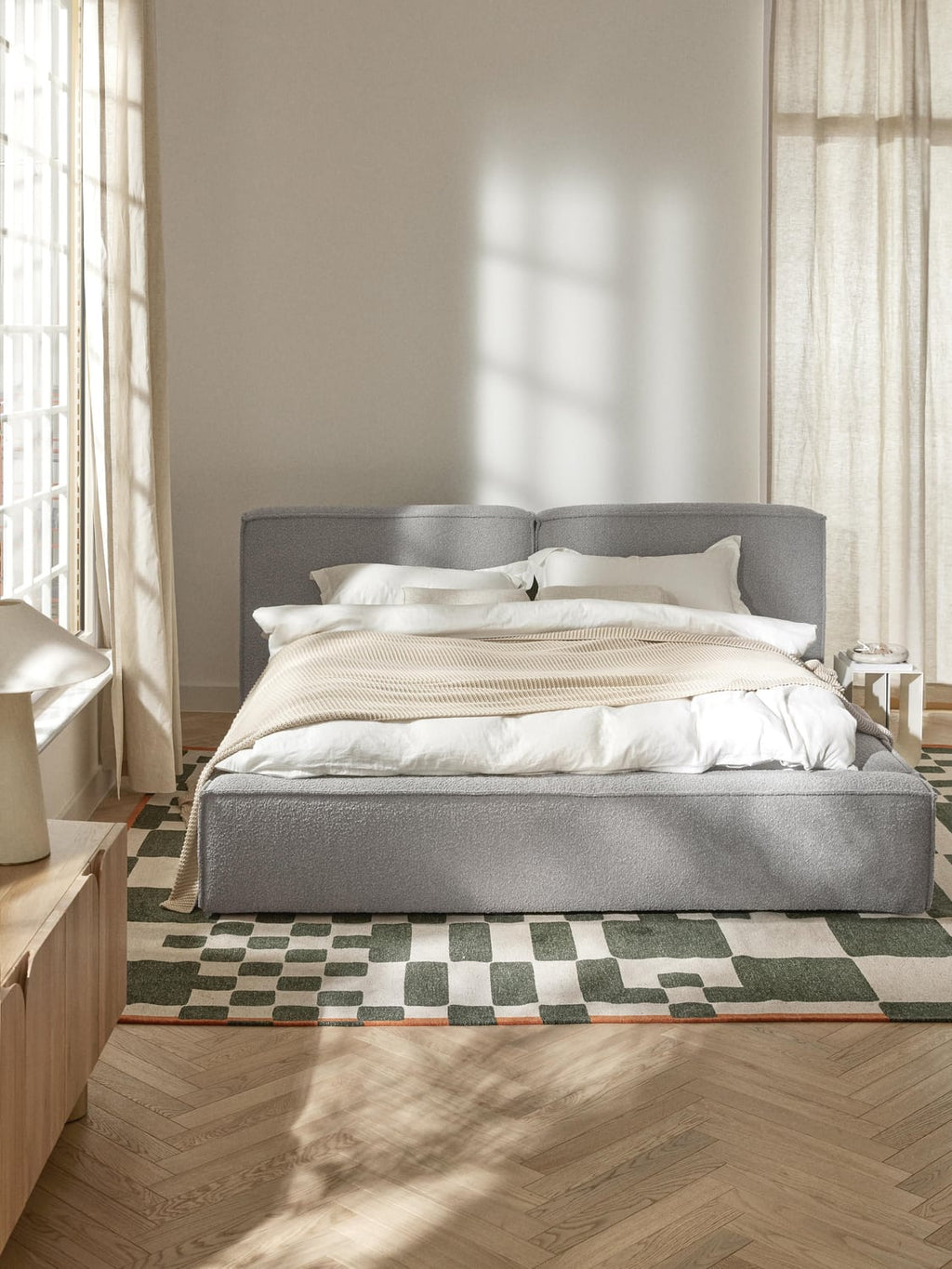 Lennon Bouclé Upholstered Bed with Storage — Light Grey