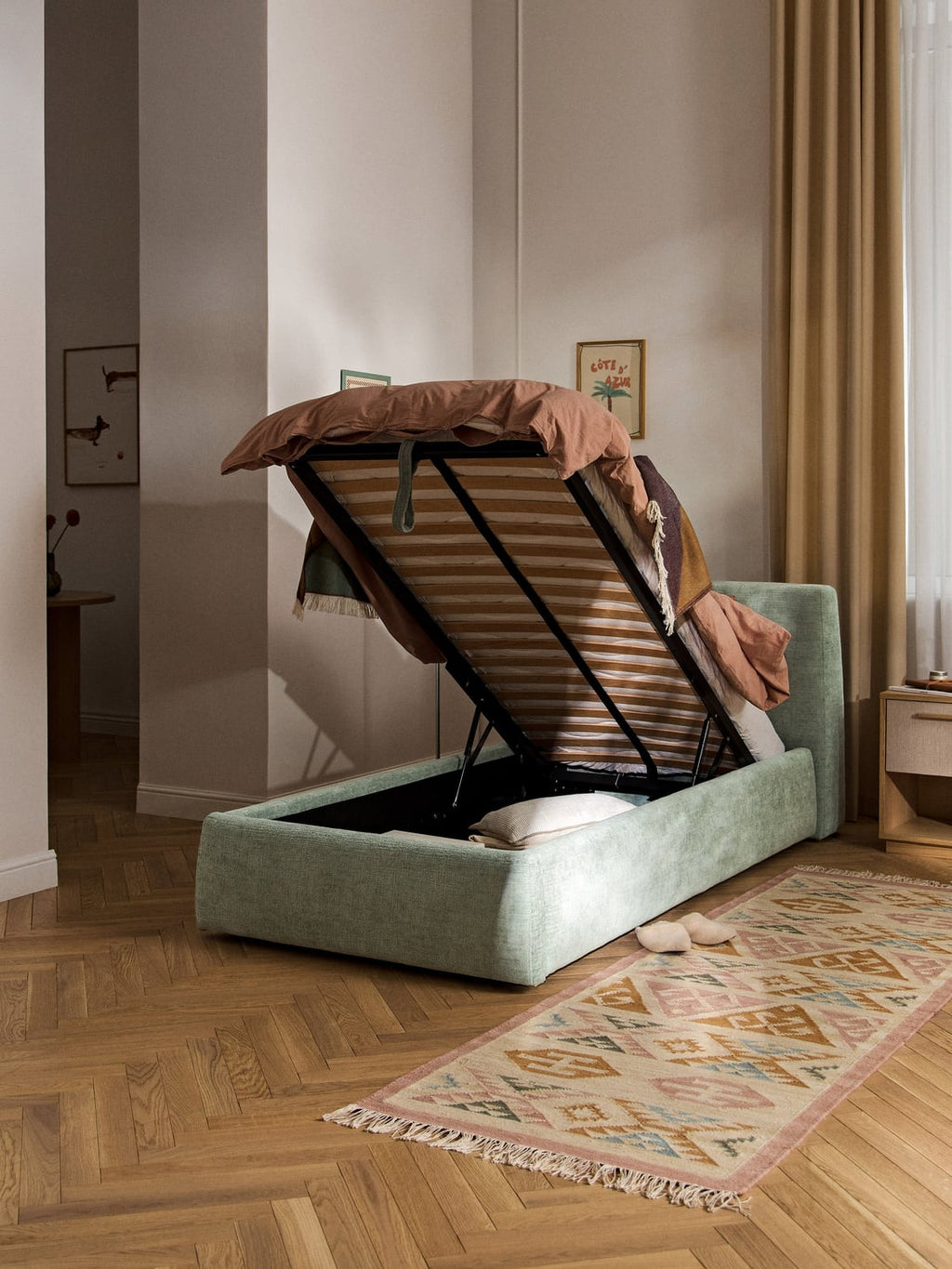 Cloud Upholstered Single Bed with Storage — Light Grey
