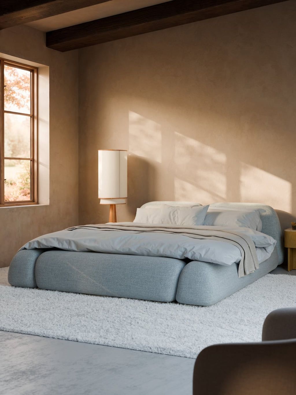 Wolke Bouclé Upholstered Bed — Light Grey