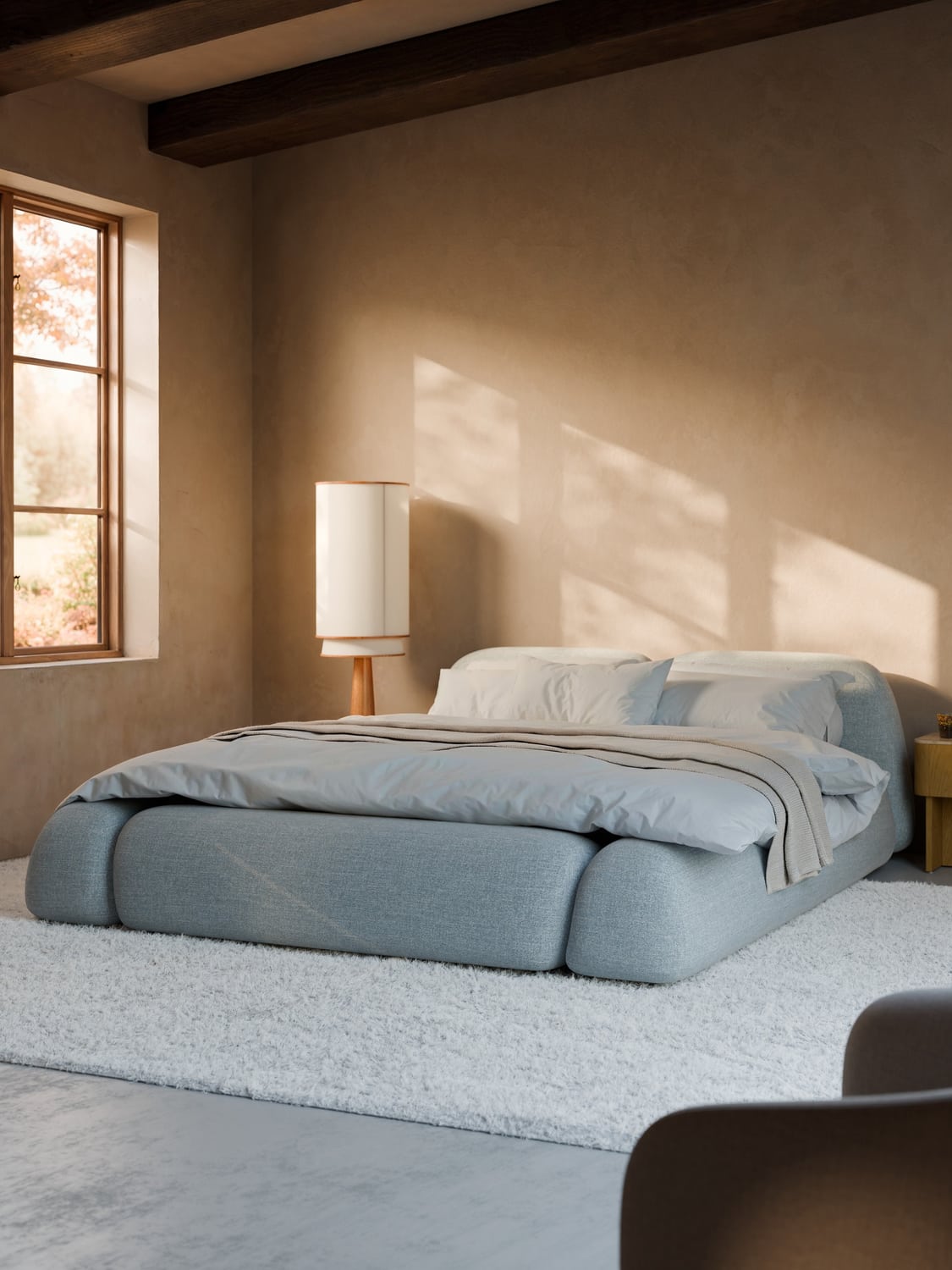 Wolke Bouclé Upholstered Bed — Light Grey