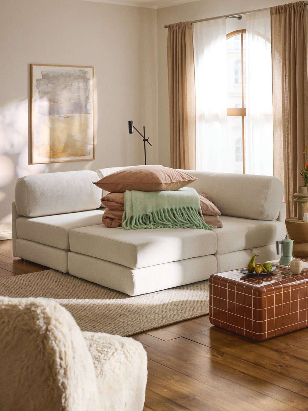 Ladina Bouclé-Corner Sofa Bed with Storage — Blush