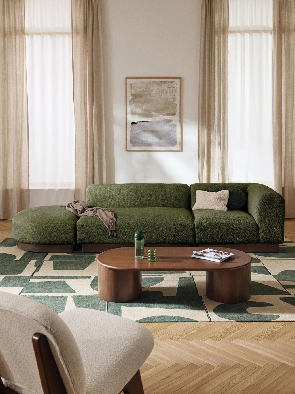 Natalie Modular Ottoman in Teddy Bouclé with Ottoman (left/right) — Olive