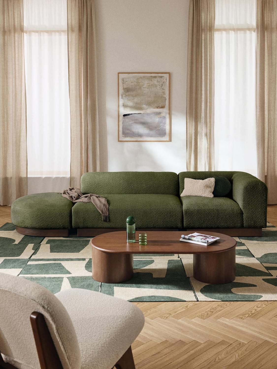 Natalie Modular Ottoman in Teddy Bouclé with Ottoman (left/right) — Olive