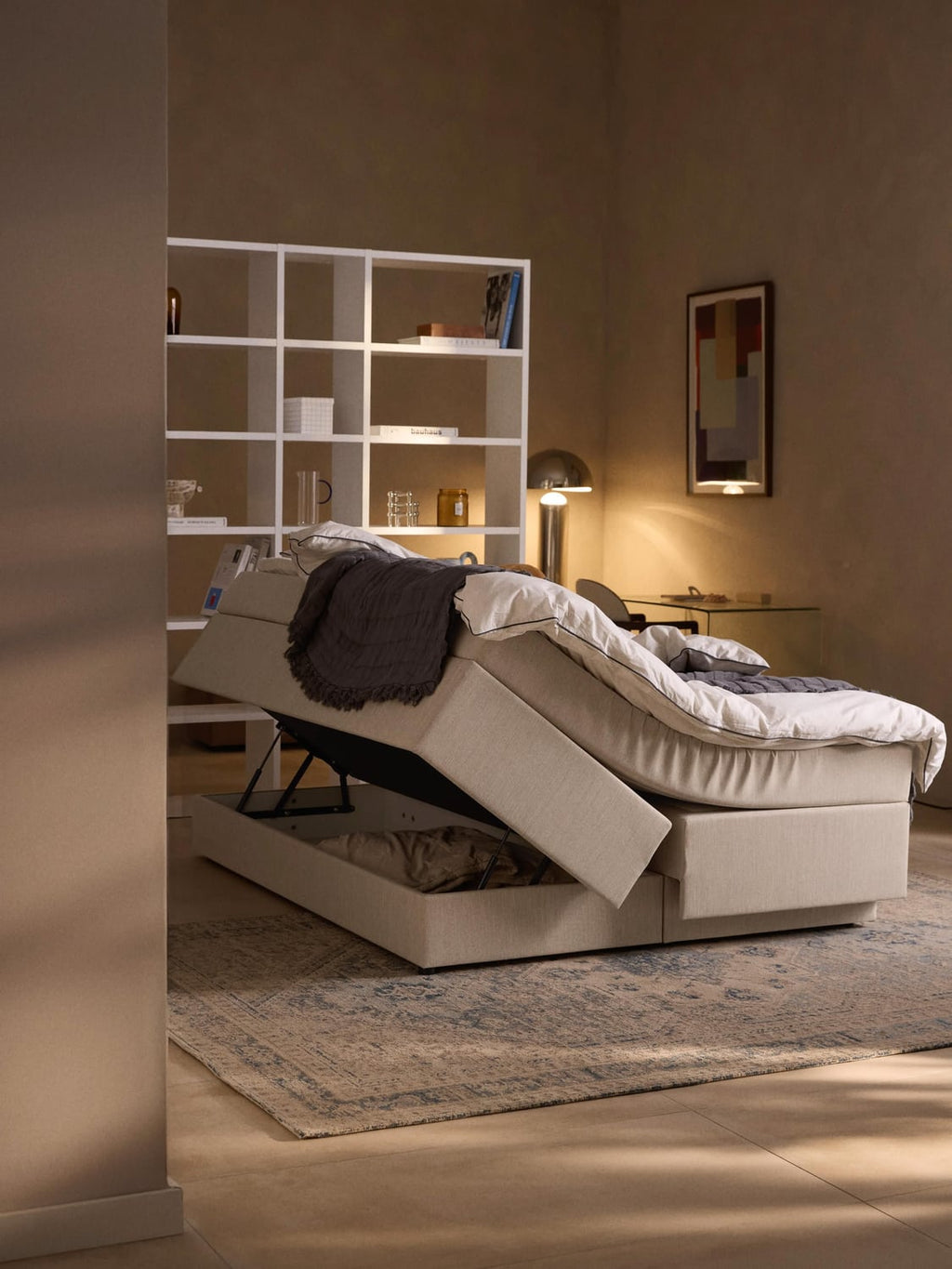 Enya Box-Spring Bed with Storage — Light Grey