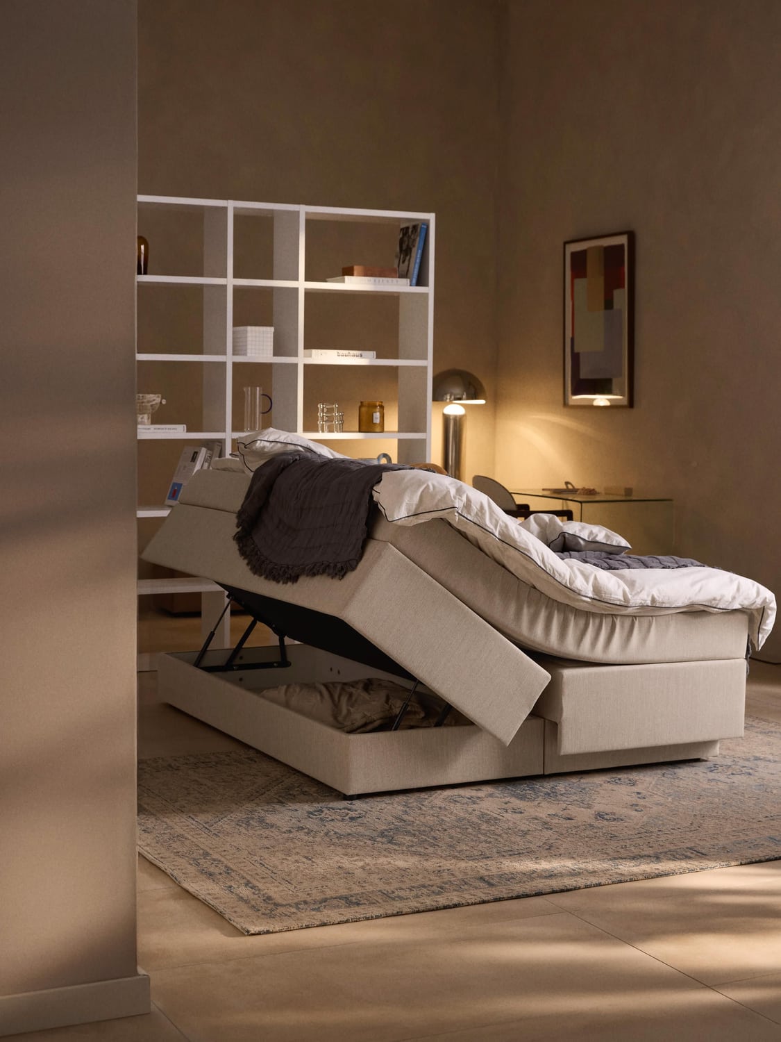 Enya Box-Spring Bed with Storage — Light Grey