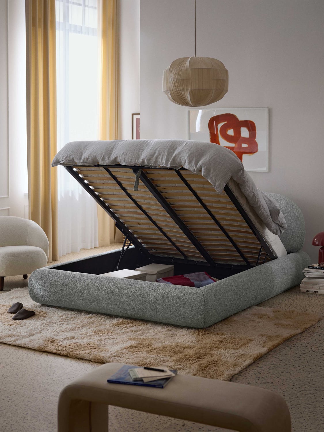 Alba Bouclé Upholstered Bed with Storage — Light Grey