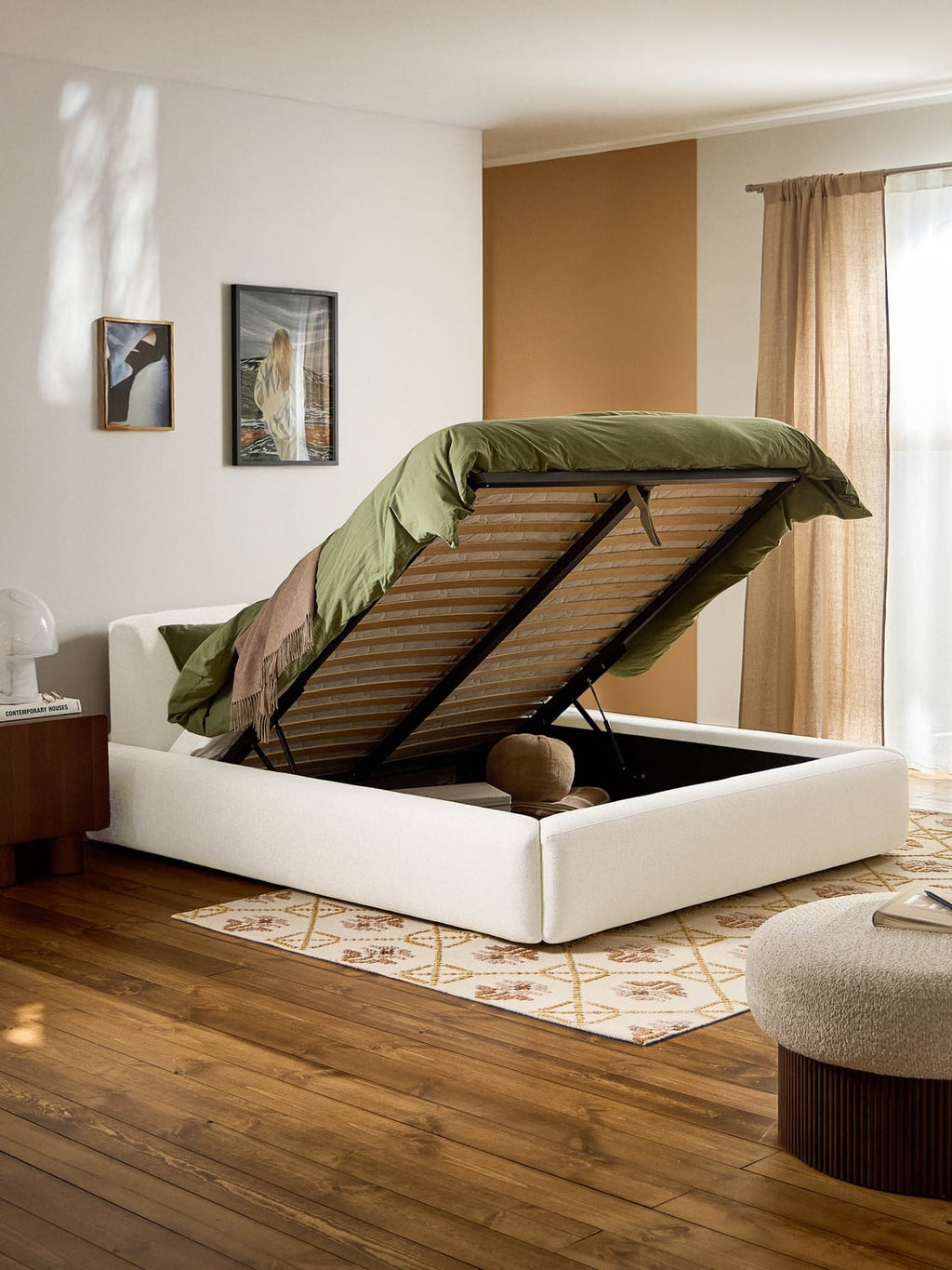Melva Upholstered Bed with Storage — Off-White